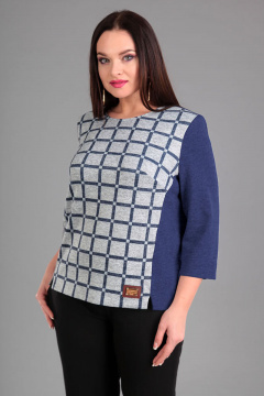 Свободный джемпер из вискозы и трикотажа с боковыми рельефами Таир-Гранд 62292 клетка+синий - фото 1