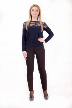 Джемпер из трикотажа с гипюровой кокеткой и манжетами Mita ЖМ857 темно-синий - фото 1