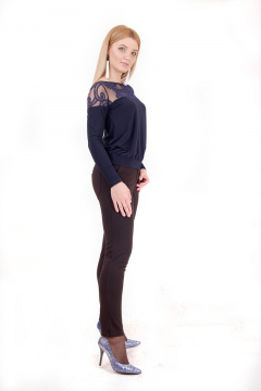 Джемпер из трикотажа с гипюровой кокеткой и манжетами Mita ЖМ857 темно-синий - фото 2