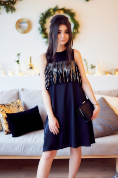 Круглогодичное нарядное черное платье с валаном из плиссе S. Veles 3-98 - фото 1