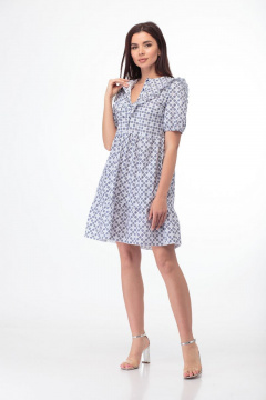 Платье трапеция из хлопка с рюшами и заложенной линией талии Anelli 835 серый_принт - фото 3