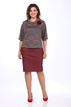 Юбка из экокожи и блуза с рукавом из трикотажа Klever 298/394 бордовый+мультиколор - фото 5
