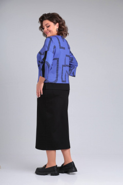 Деловой костюм юбка и блуза из трикотажа Rishelie 940 джинс+черный - фото 3