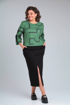 Деловой костюм юбка и блуза из трикотажа Rishelie 940 зеленый+черный - фото 2