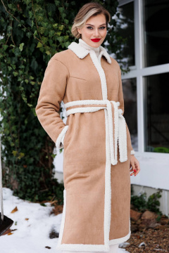Дубленка из искусственной замши с разрезами и поясом Мода Юрс 2498 светло-бежевый - фото 2