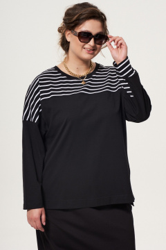 Джемпер oversize в полоску с разрезами, хлопок, трикотаж GRATTO 4361 черный - фото 2