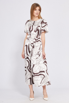 Платье из атласа с карманами, бежевое миди, с ремнем EOLA 2549 молочный_с_принтом - фото 4