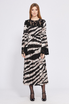 Демисезонное платье из жаккардового атласа, с гипюром, ремнем EOLA 2565 бежево-черный_принт - фото 1