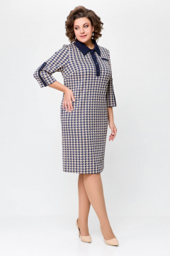 Платье из трикотажа с горловиной и пуговицами Swallow 697 сине-бежевая_гусиная_лапка - фото 3