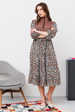 Платье А-силуэта из смешанных тканей с тесьмой-молнией NikVa 447-1 шоколад_рыжий леопард - фото 2