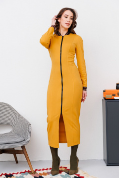 Трикотажное платье приталенного силуэта с рельефами и воротником-стойкой NikVa 450-1 горчица - фото 3