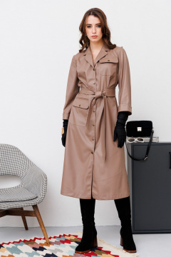 Классическое миди платье-рубашка из экокожи и хлопка NikVa 454 песок - фото 1