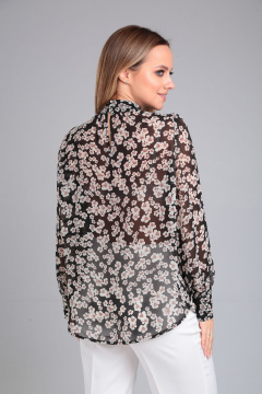 Черная струящаяся блузка с длинным рукавом и закругленными краями Lady Line 562 черный_цветы - фото 2