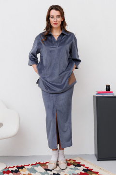 Костюм из вельвета блуза и юбка миди с разрезом для casual образа NikVa 486-2 графит - фото 1