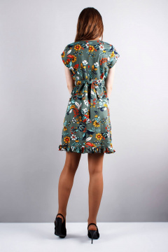 платье отрезное с воротом и оборками Mita ЖМ818 зеленый+цветы - фото 3