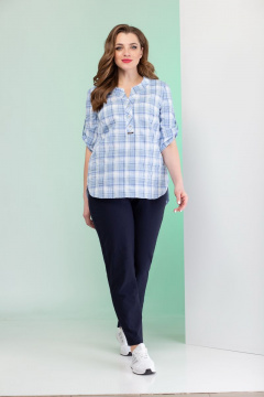 Голубая блузка из хлопка с воротом и рукавом 3/4 Angelina & Сo 382 голубой - фото 1