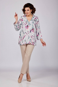 Блуза из текстиля с втачными рукавами и V-образным вырезом SOVITA 1162 серая_в_цветы - фото 3