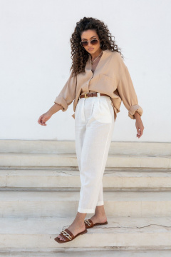 Классические льняные брюки со складками и пуговицей EZER 1032 молочный - фото 4