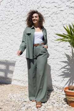 Леновый костюм 2-ка: брюки с поясом и рубашка оверсайз EZER 2042 хаки - фото 5