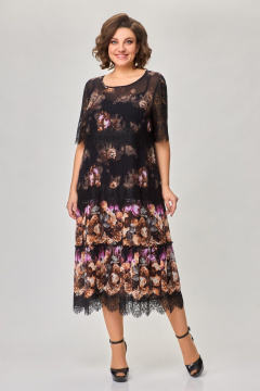 Платье мультиколор нарядное в стиле шифон с гипюром Svetlana-Style 1505 черный+рыжие_цветы - фото 1