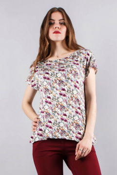 Блуза прямого силуэта с коротким рукавом из вискозы Mita ЖМ817 беж+цветы - фото 4