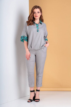 Летний женский комплект из блузы и брюк с резинкой Liona Style 752 серый/бирюза - фото 2