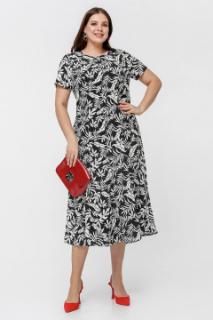 Платье с юбкой годе и коротким рукавом для ежедневных образов La rouge 5442 черно-белый-(листья) - фото 1