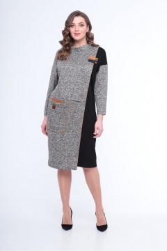 Полуприлегающее платье из трикотажа с кожаными деталями Le Collect 344 серо-черный - фото 3