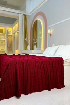 Вязаный плед в косу красный круглый год стильный Romgil РВ0068-ШЕ6 красновато-бордовый - фото 1