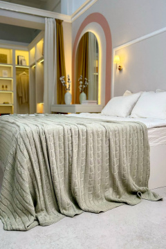 Вязаный плед в косу зелёный круглый год практичный Romgil РВ0068-ШЕ6 бело-зеленый - фото 1