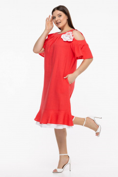 Льняное платье бохо с пышными рукавами и воланом Avila 0930 розово-коралловый - фото 5