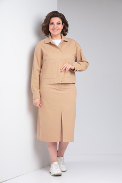 Бежевый джинсовый жакет и юбка с карманами и разрезом Takka Plus 24-218 - фото 2