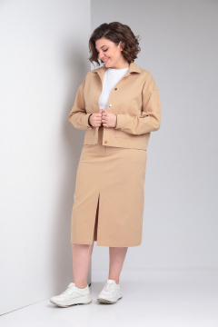 Бежевый джинсовый жакет и юбка с карманами и разрезом Takka Plus 24-218 - фото 4