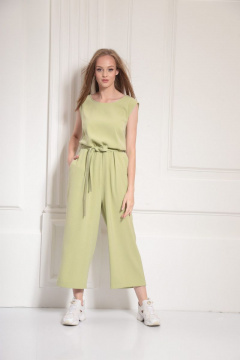 летний комбинезон-кюлоты из струящейся ткани с V-вырезом AMORI 4005 фисташка - фото 1