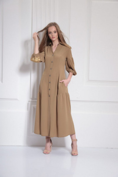 Платье летнее с дизайнерской вышивкой и карманами AMORI 9485 хаки - фото 2