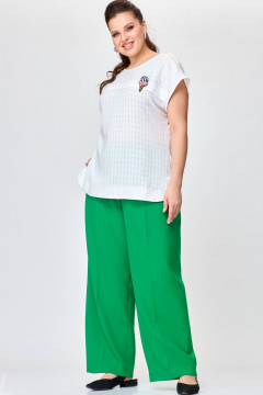 Комплект блузон и брюки палаццо из хлопка и текстиля SOVA 11219 молочный+зеленый - фото 2