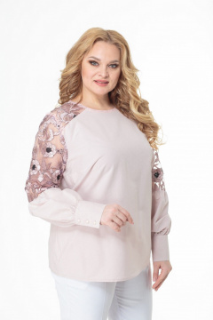 Блуза кружевная из тонкой ткани с кружевными кокетками Anelli 845 пудра_нюд - фото 2