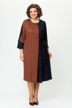 Деловое платье из двух тканей с поясом и складками Solomeya Lux 725 терракотовый+черный - фото 5