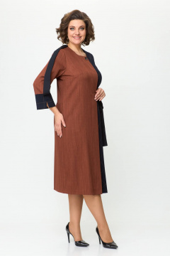 Деловое платье из двух тканей с поясом и складками Solomeya Lux 725 терракотовый+черный - фото 4