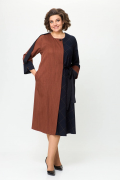 Деловое платье из двух тканей с поясом и складками Solomeya Lux 725 терракотовый+черный - фото 3