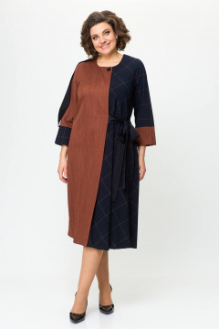 Деловое платье из двух тканей с поясом и складками Solomeya Lux 725 терракотовый+черный - фото 2