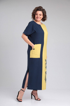 Платье LadisLine 1494 темно-синий+горчица - фото 5