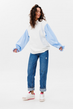 Демисезонный свободный джемпер из футера и блузочной ткани HIT 2019 белый,голубой - фото 3