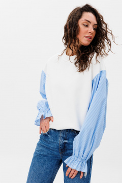 Демисезонный свободный джемпер из футера и блузочной ткани HIT 2019 белый,голубой - фото 1