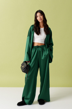 Брюки прямого кроя из изумрудного атласа с кулиской ANNETE A1181 - фото 3