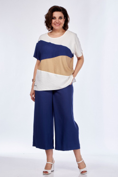 Летний комплект из блузы и кюлотов из вискозы с волнообразным кроем Диомант 1850 синий - фото 1
