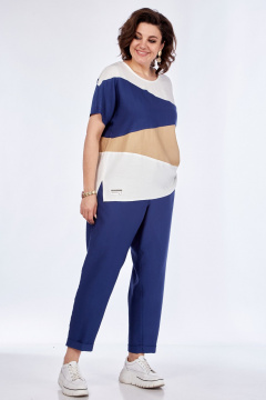 Летний брючный комплект из блузы и свободных брюк из вискозы Диомант 1860 синий - фото 1