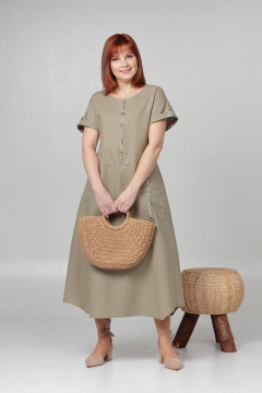 Летнее платье свободного кроя с кулисой на талии Соджи 613 оливковый - фото 3