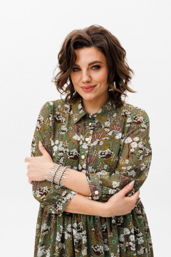 Свободное шифоновое платье с воротником-стойкой и комбинированным низом Anelli 1362 мох - фото 5