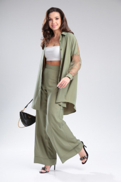 Женский брючный комплект из вискозы с кружевной блузой Michel chic 1369 хаки - фото 4